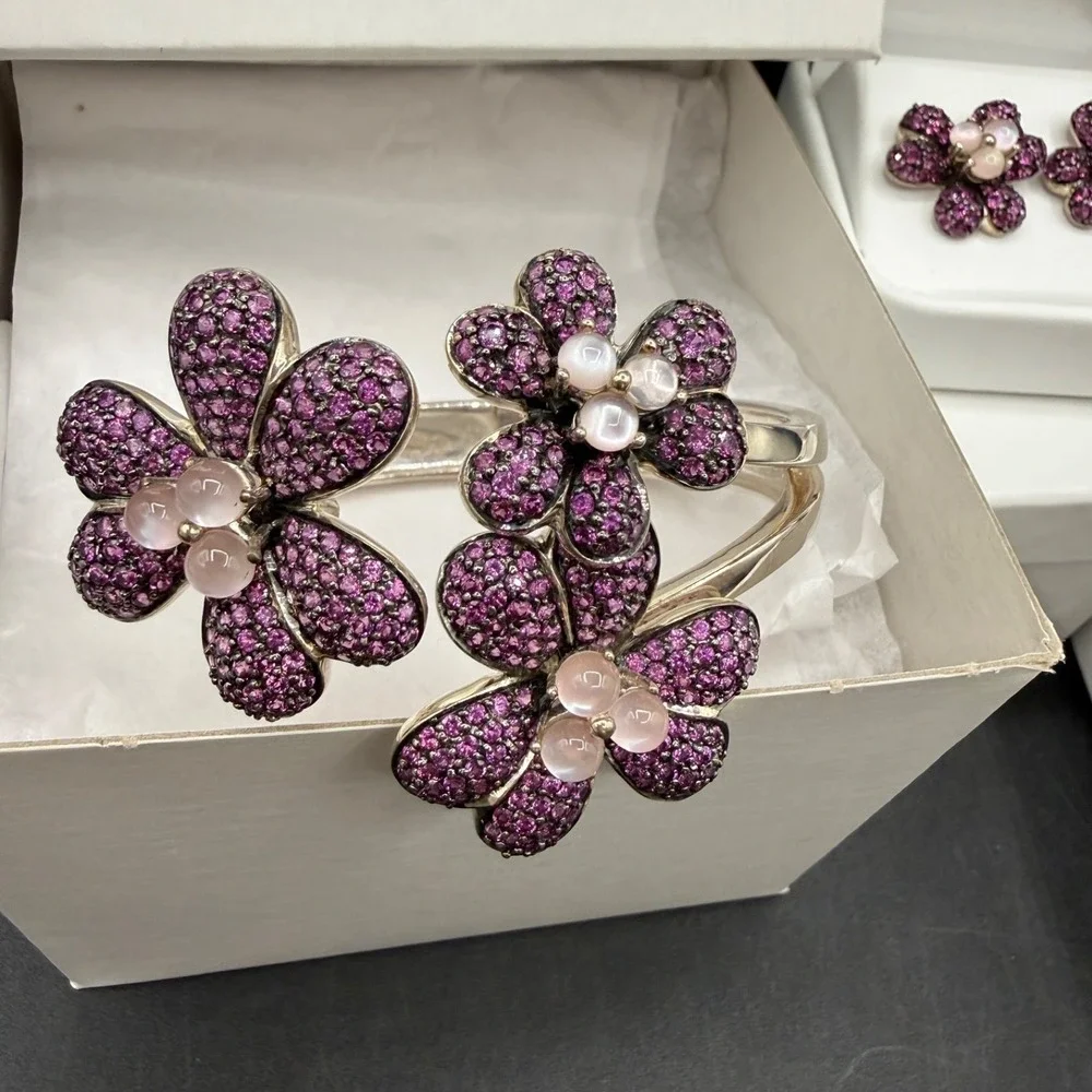 Moonstone Flower‎ Purple Sterling Silver Set Pendant Earrings Bracelet Garnet